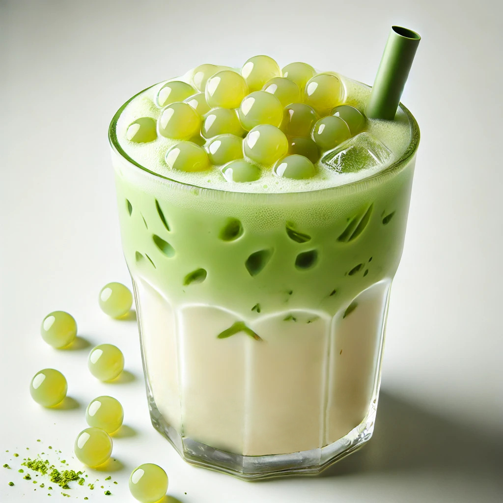 Boba matcha glacé avec bubble tea aux fraises